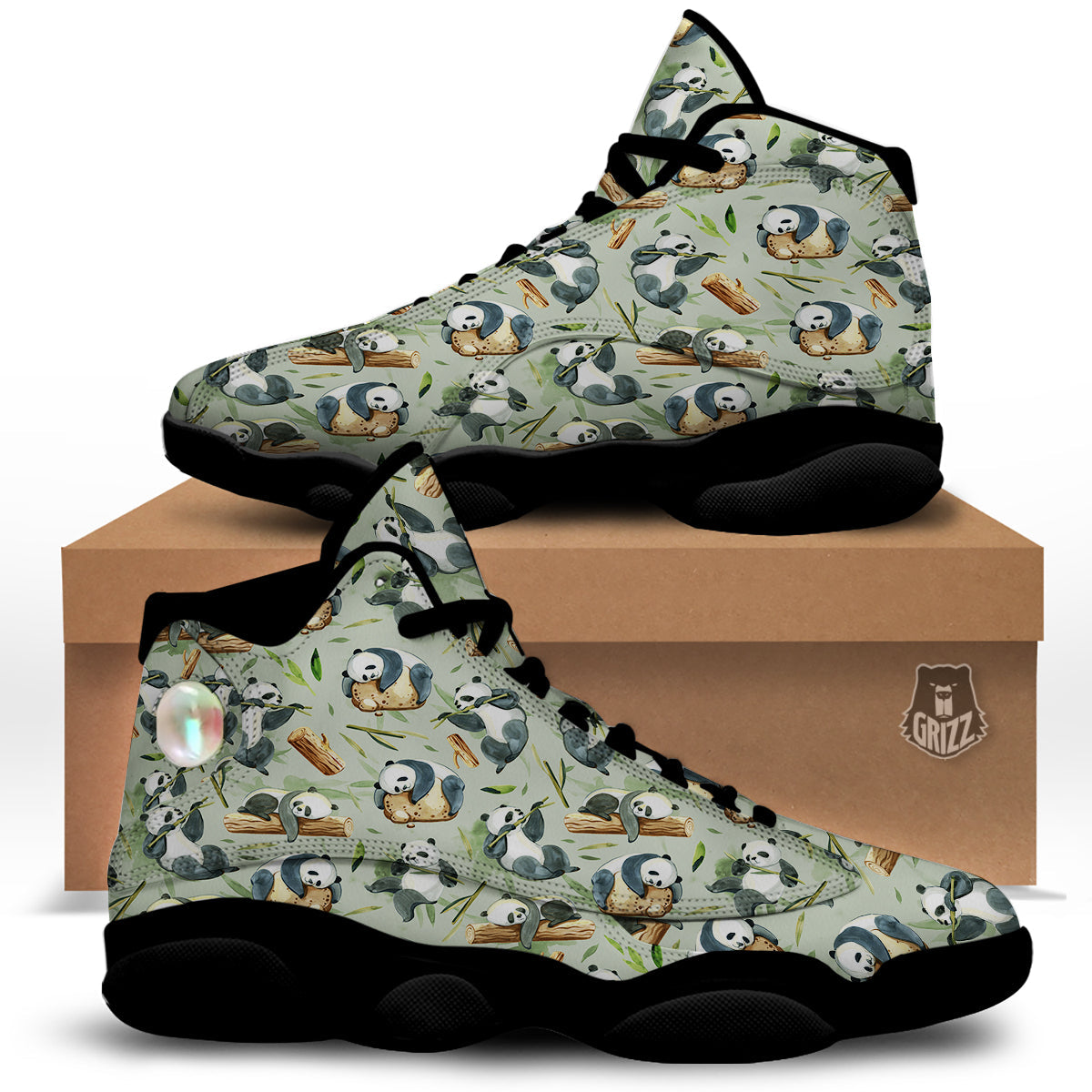 Panda Bear Watercolor Print Pattern Black Basketball Shoes-grizzshop