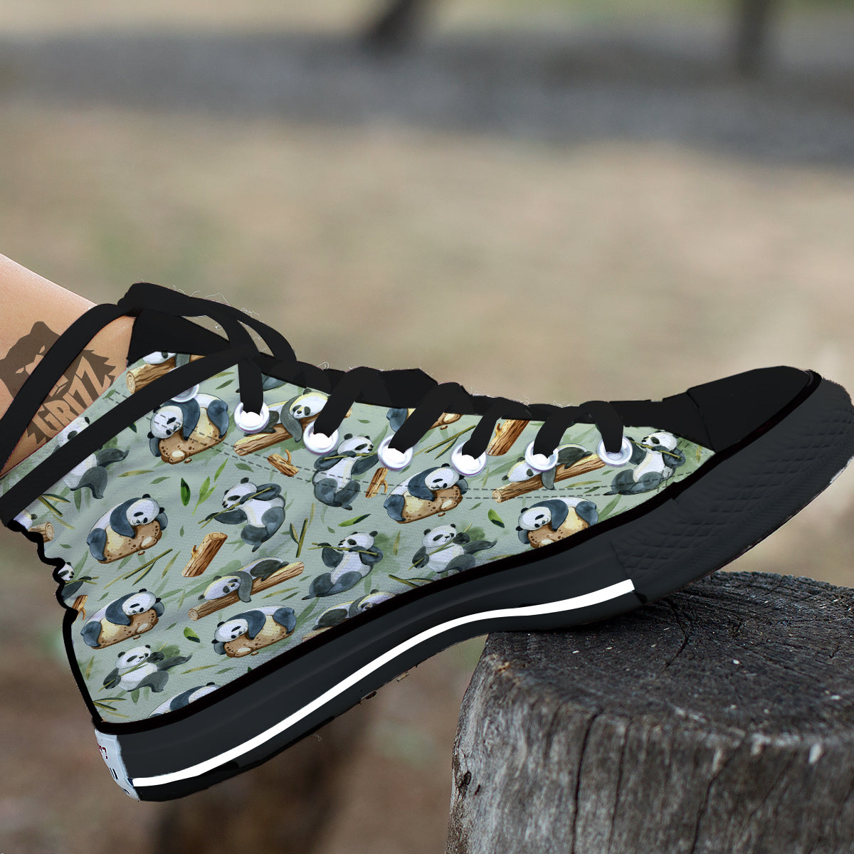 Panda Bear Watercolor Print Pattern Black High Top Shoes-grizzshop