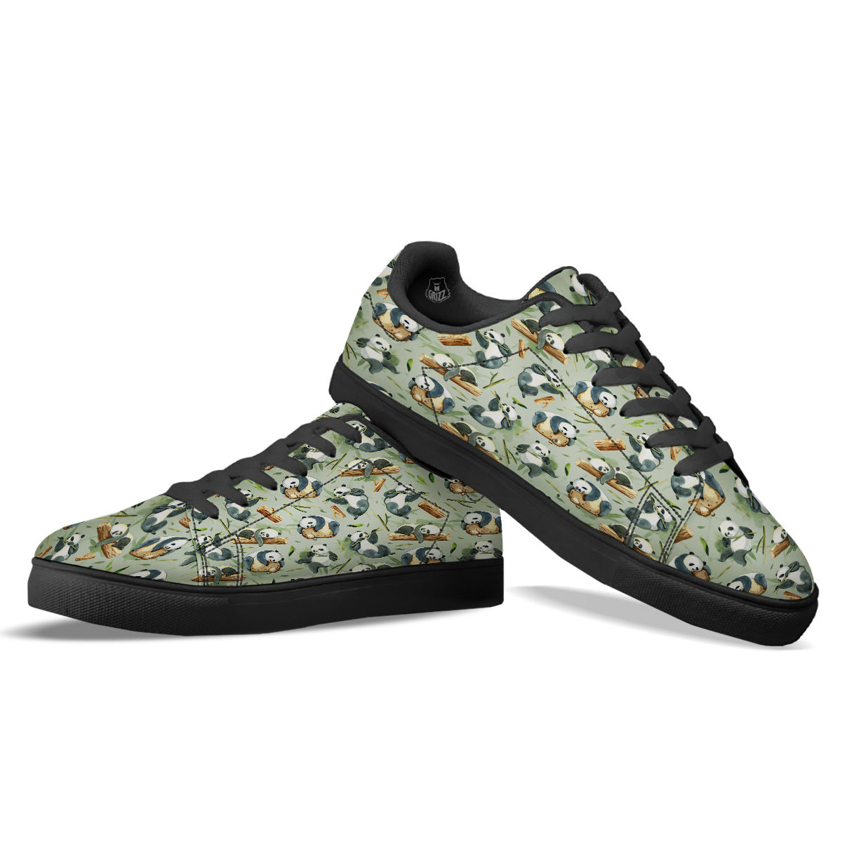 Panda Bear Watercolor Print Pattern Black Low Top Sneakers-grizzshop
