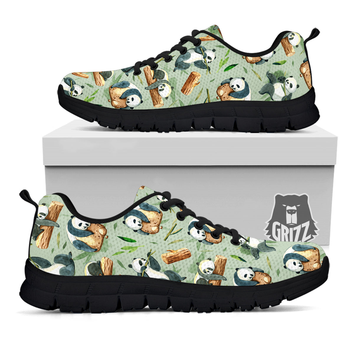 Panda Bear Watercolor Print Pattern Black Sneaker-grizzshop