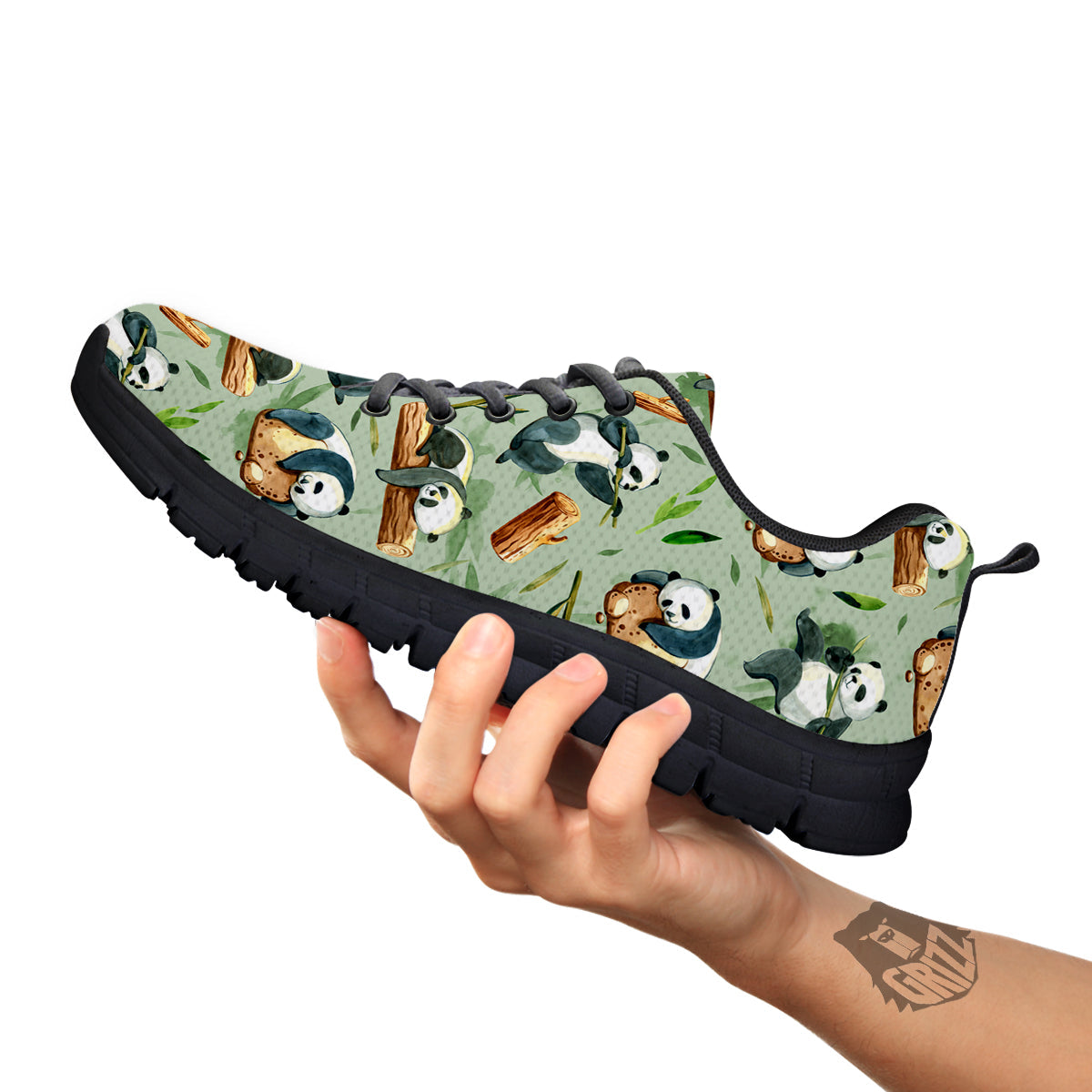 Panda Bear Watercolor Print Pattern Black Sneaker-grizzshop