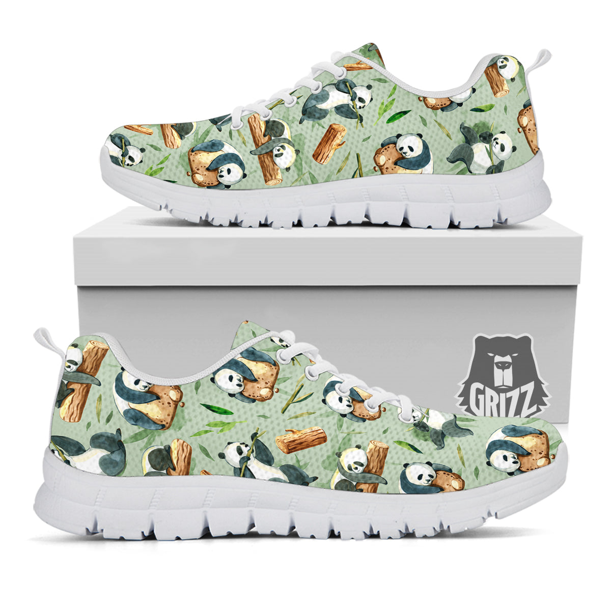 Panda Bear Watercolor Print Pattern White Sneaker-grizzshop