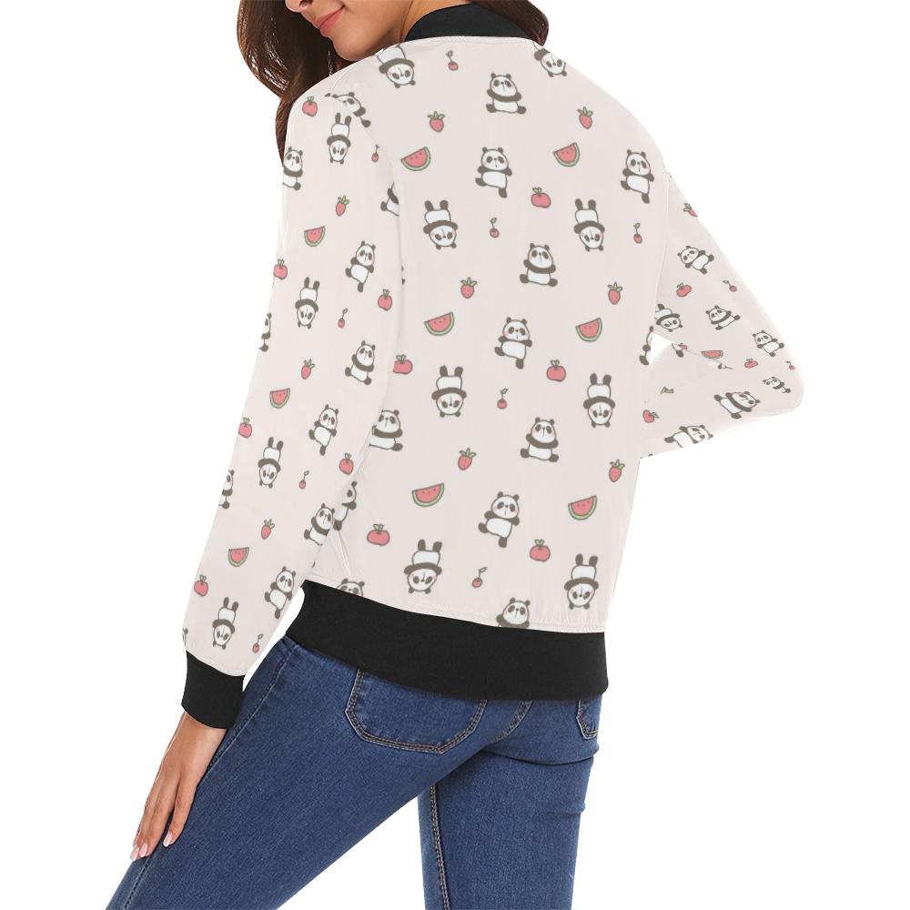 Panda Fruit Pattern Print Women Casual Bomber Jacket-grizzshop