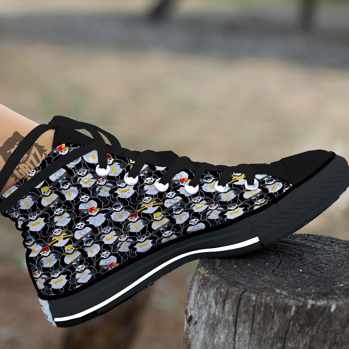 Panda Gangster Gang Print Pattern Black High Top Shoes-grizzshop