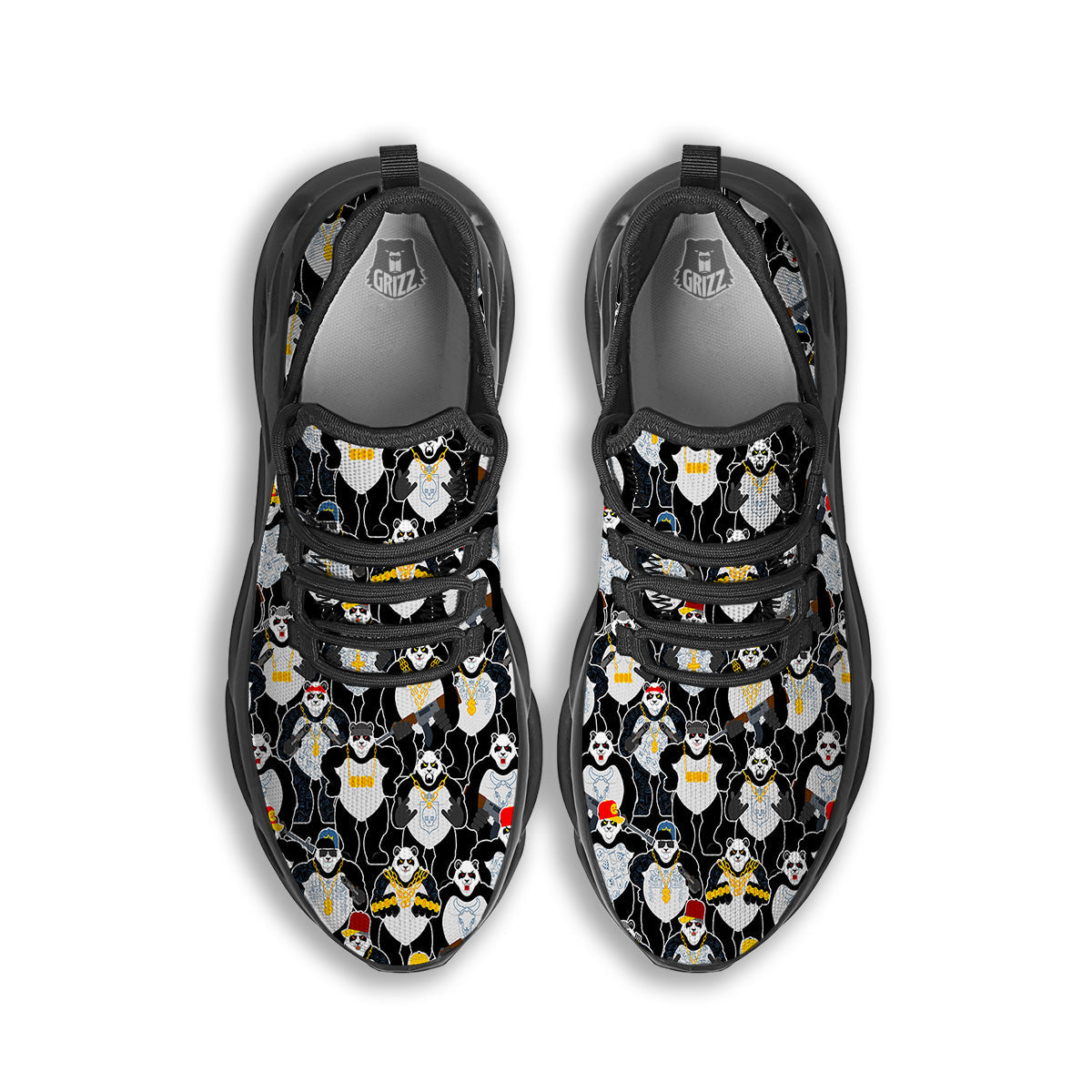 Panda Gangster Gang Print Pattern Black Running Shoes-grizzshop