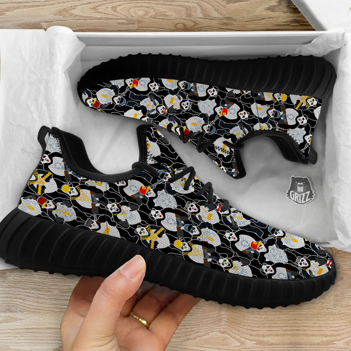 Panda Gangster Gang Print Pattern Black Walking Shoes-grizzshop