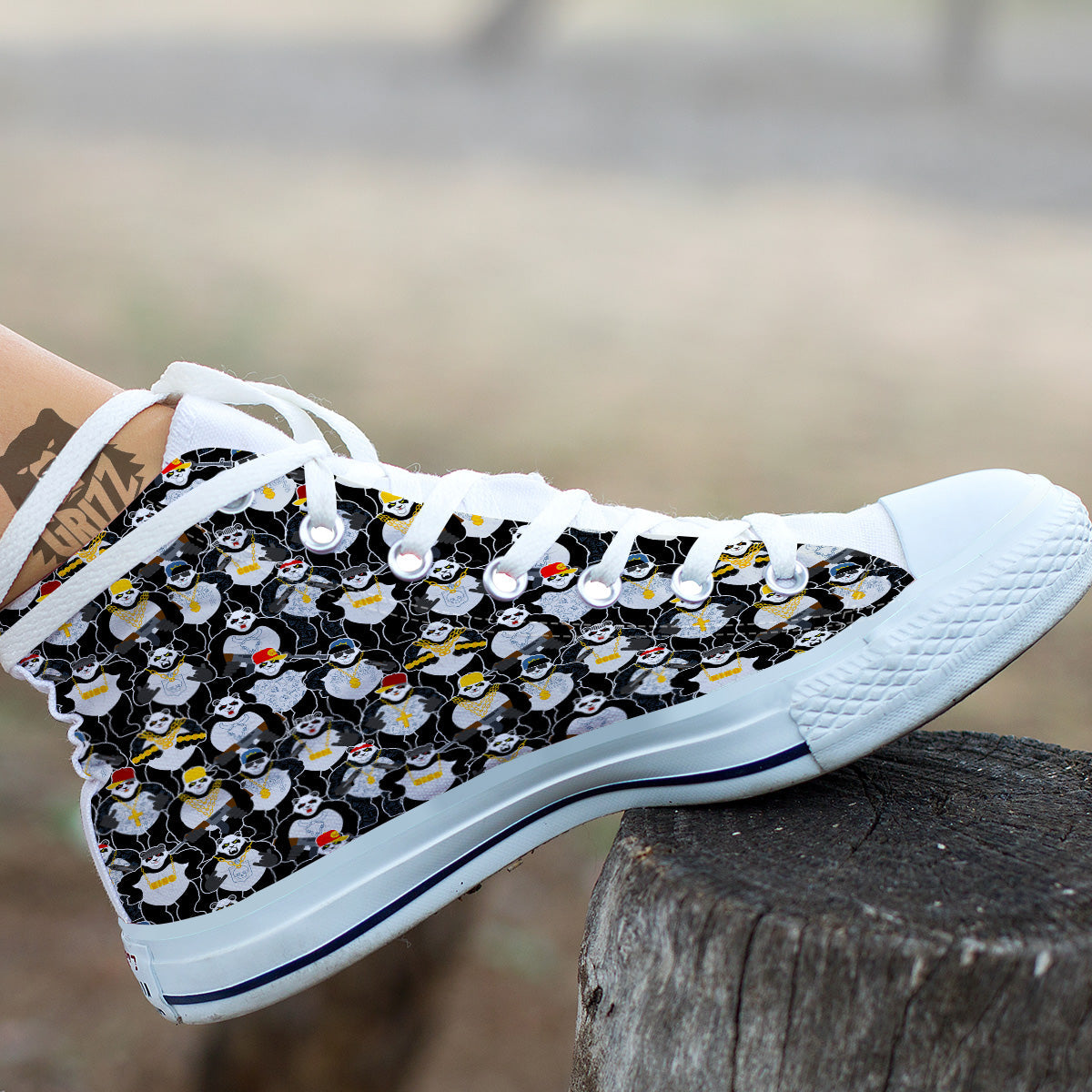 Panda Gangster Gang Print Pattern White High Top Shoes-grizzshop