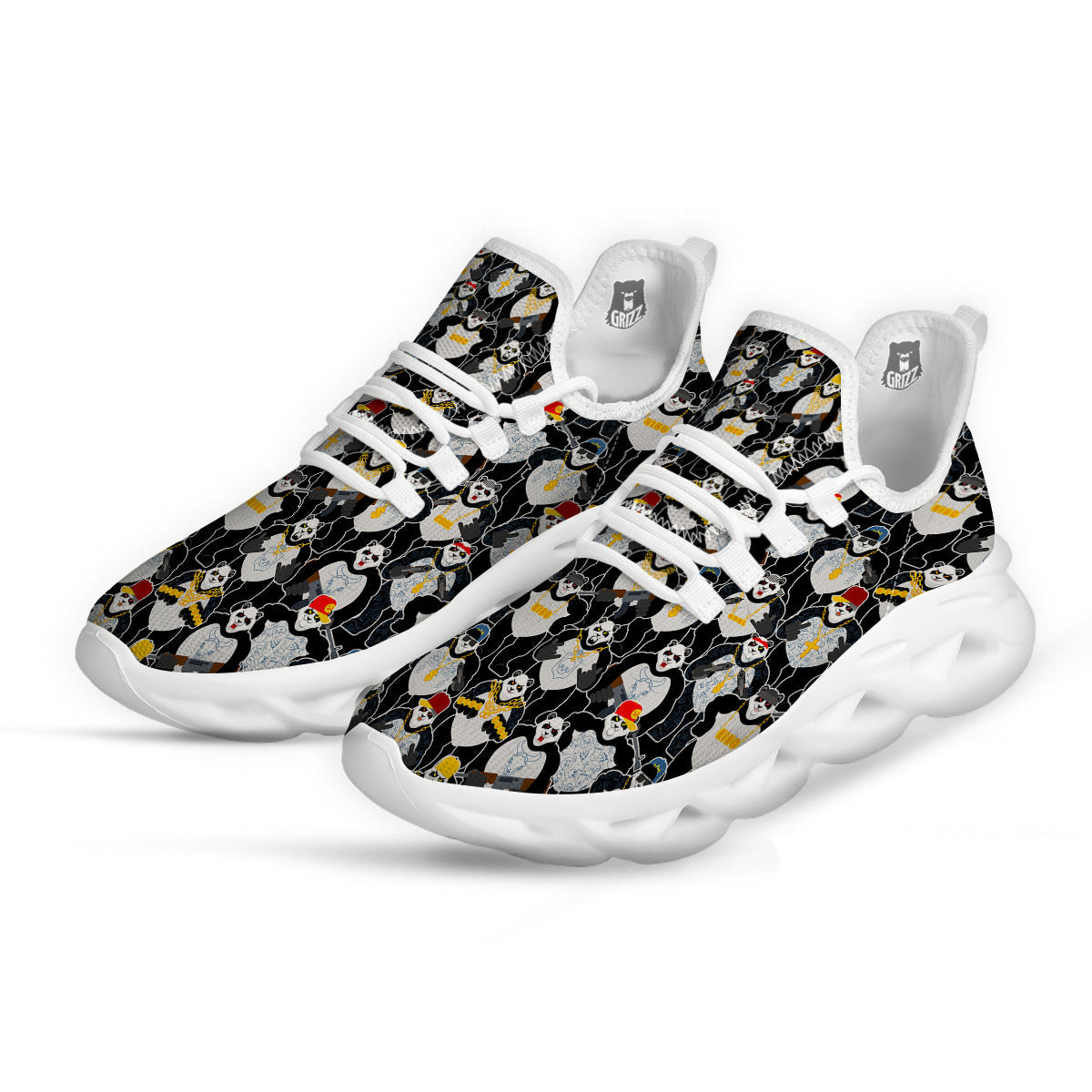 Panda Gangster Gang Print Pattern White Running Shoes-grizzshop