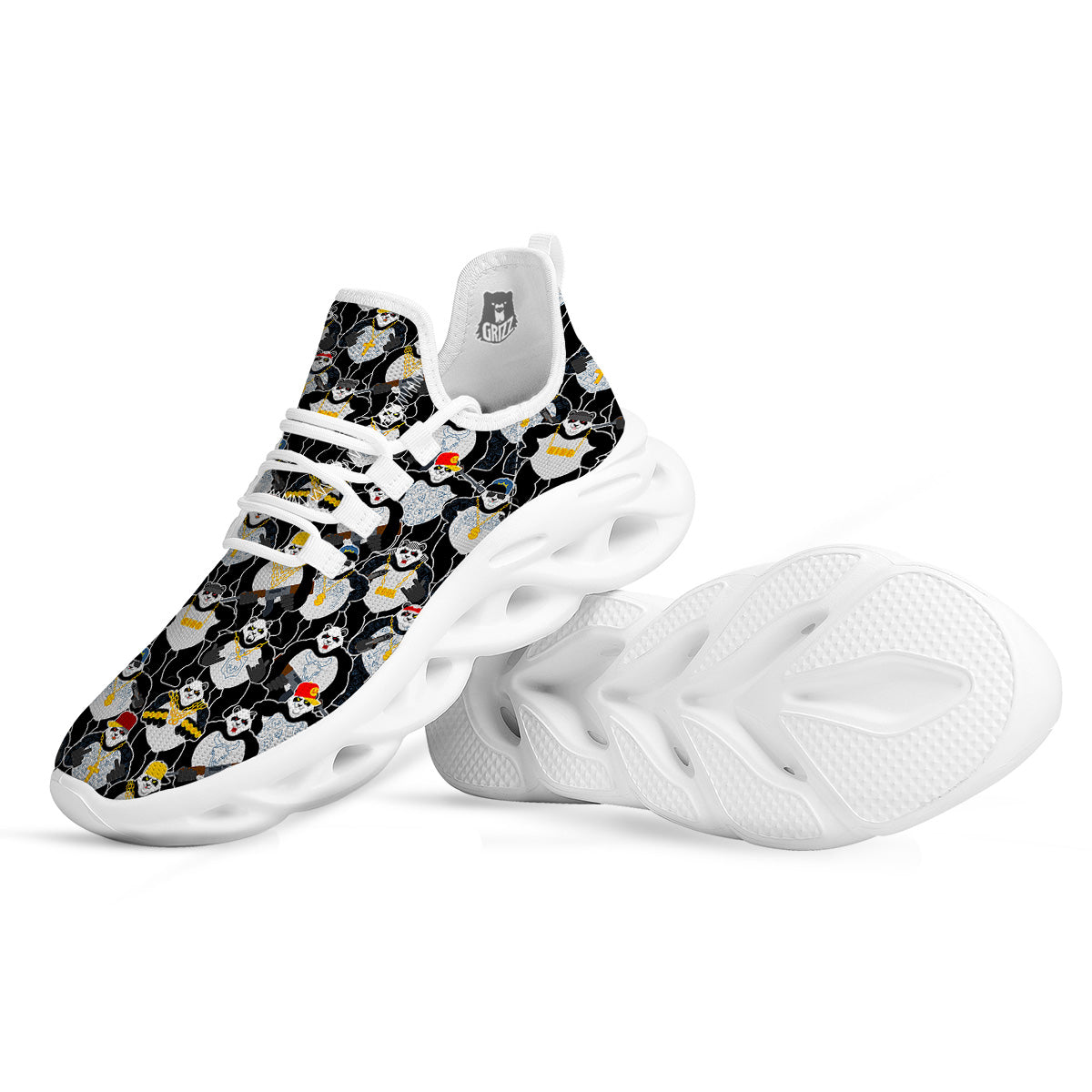 Panda Gangster Gang Print Pattern White Running Shoes-grizzshop