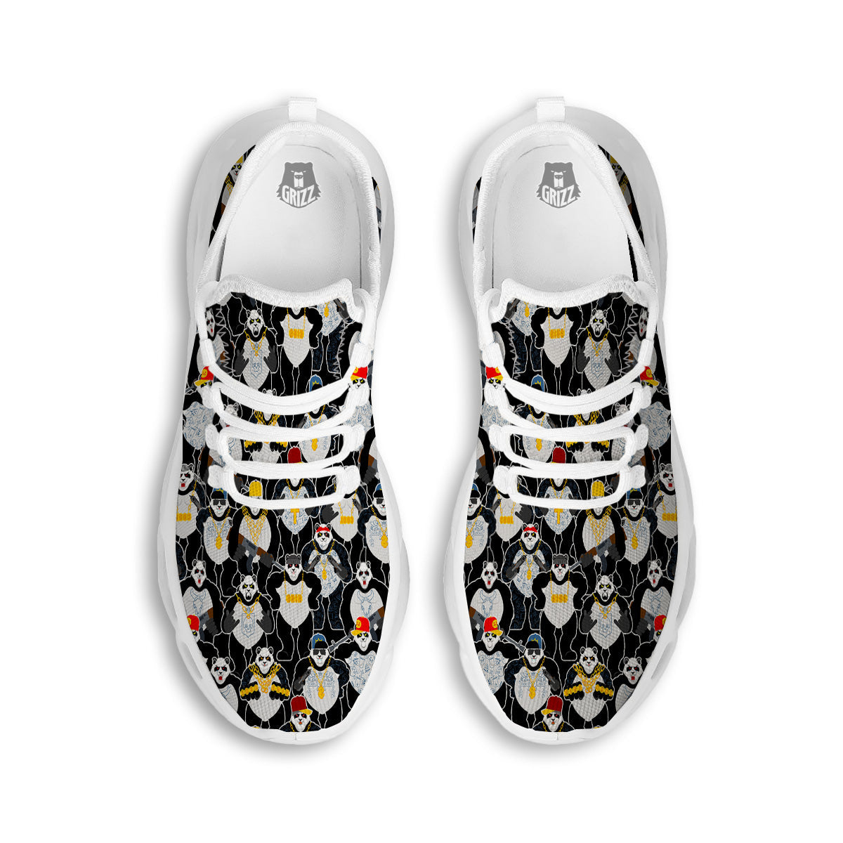 Panda Gangster Gang Print Pattern White Running Shoes-grizzshop