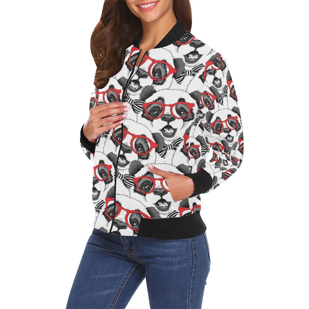 Panda Red Glasses Pattern Print Women Casual Bomber Jacket-grizzshop