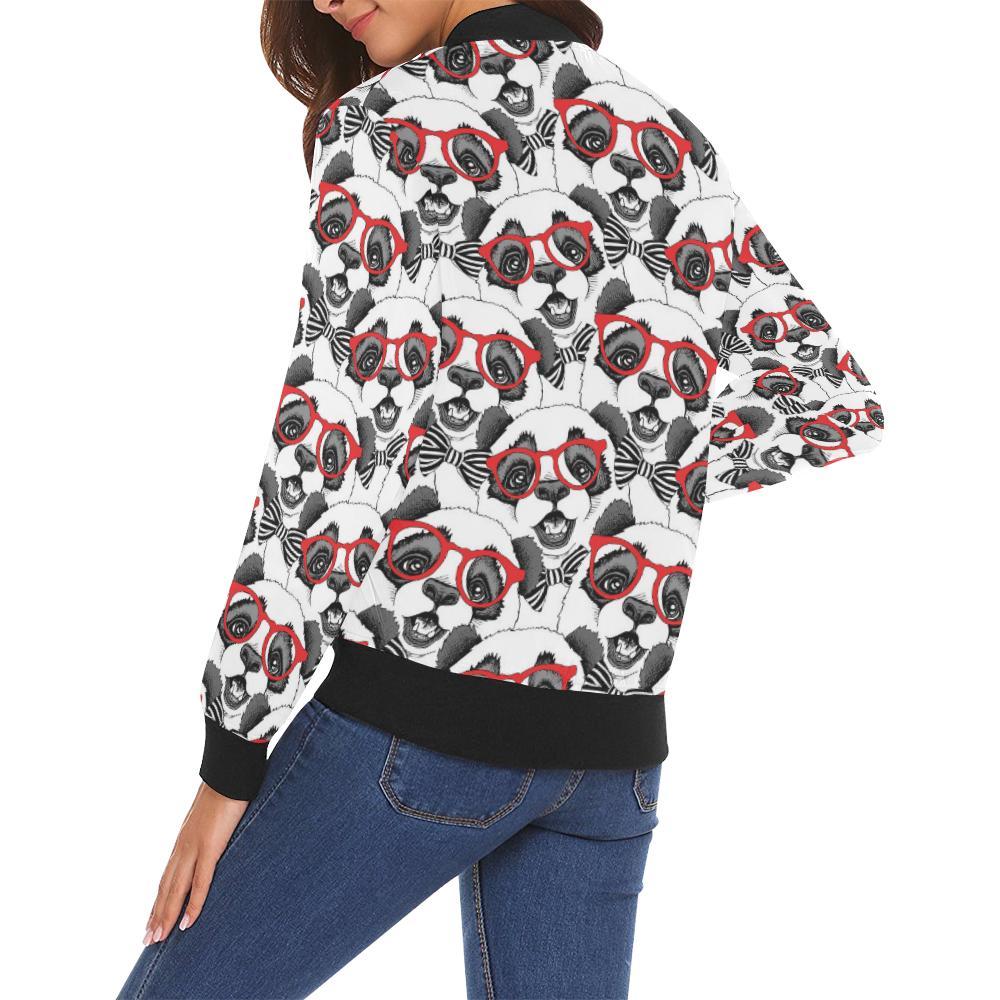 Panda Red Glasses Pattern Print Women Casual Bomber Jacket-grizzshop