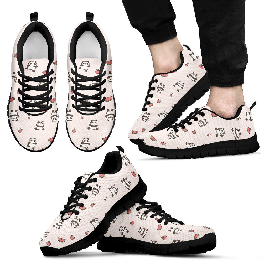 Panda Fruit Pattern Print Black Sneaker Shoes For Men Women-grizzshop