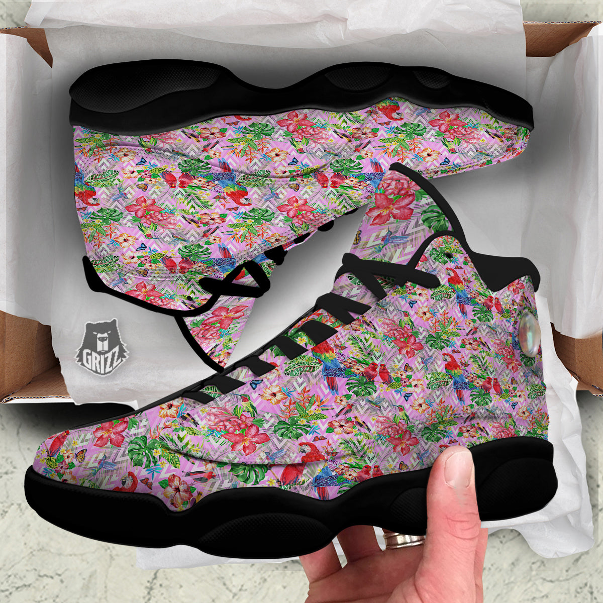 Paradise Flower Bird Print Pattern Black Basketball Shoes-grizzshop