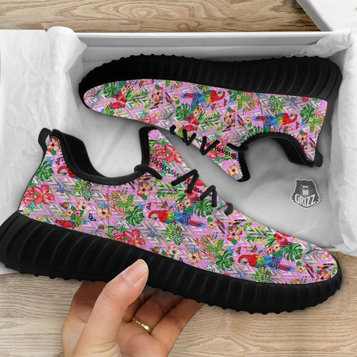 Paradise Flower Bird Print Pattern Black Walking Shoes-grizzshop