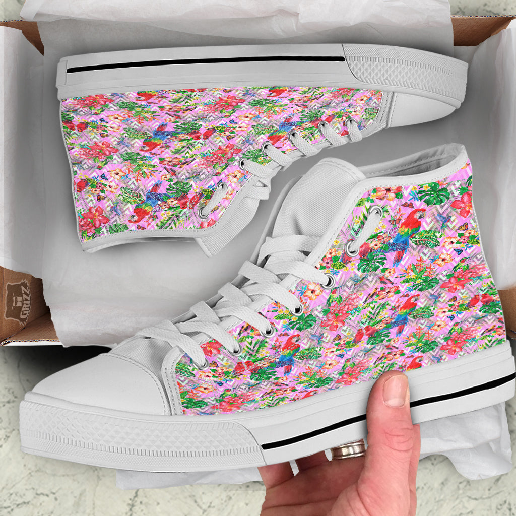 Paradise Flower Bird Print Pattern White High Top Shoes-grizzshop