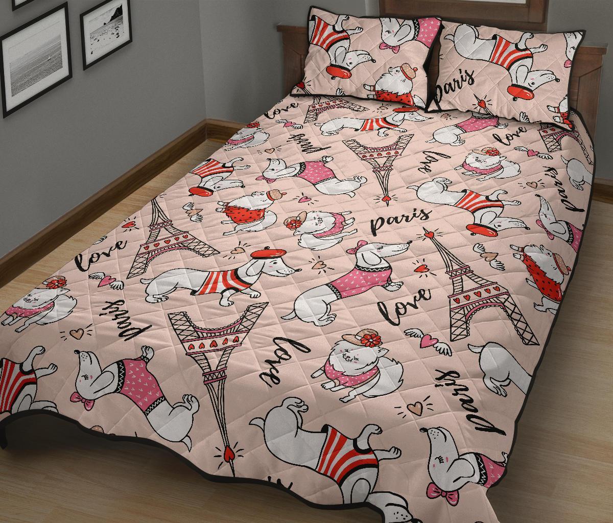 Paris Dog Pattern Print Bed Set Quilt-grizzshop