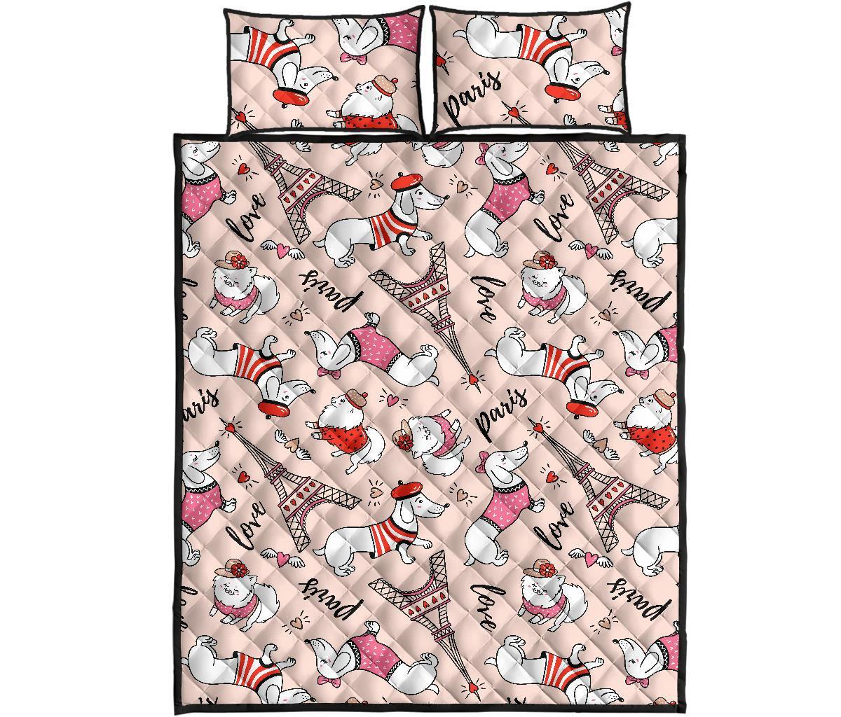Paris Dog Pattern Print Bed Set Quilt-grizzshop