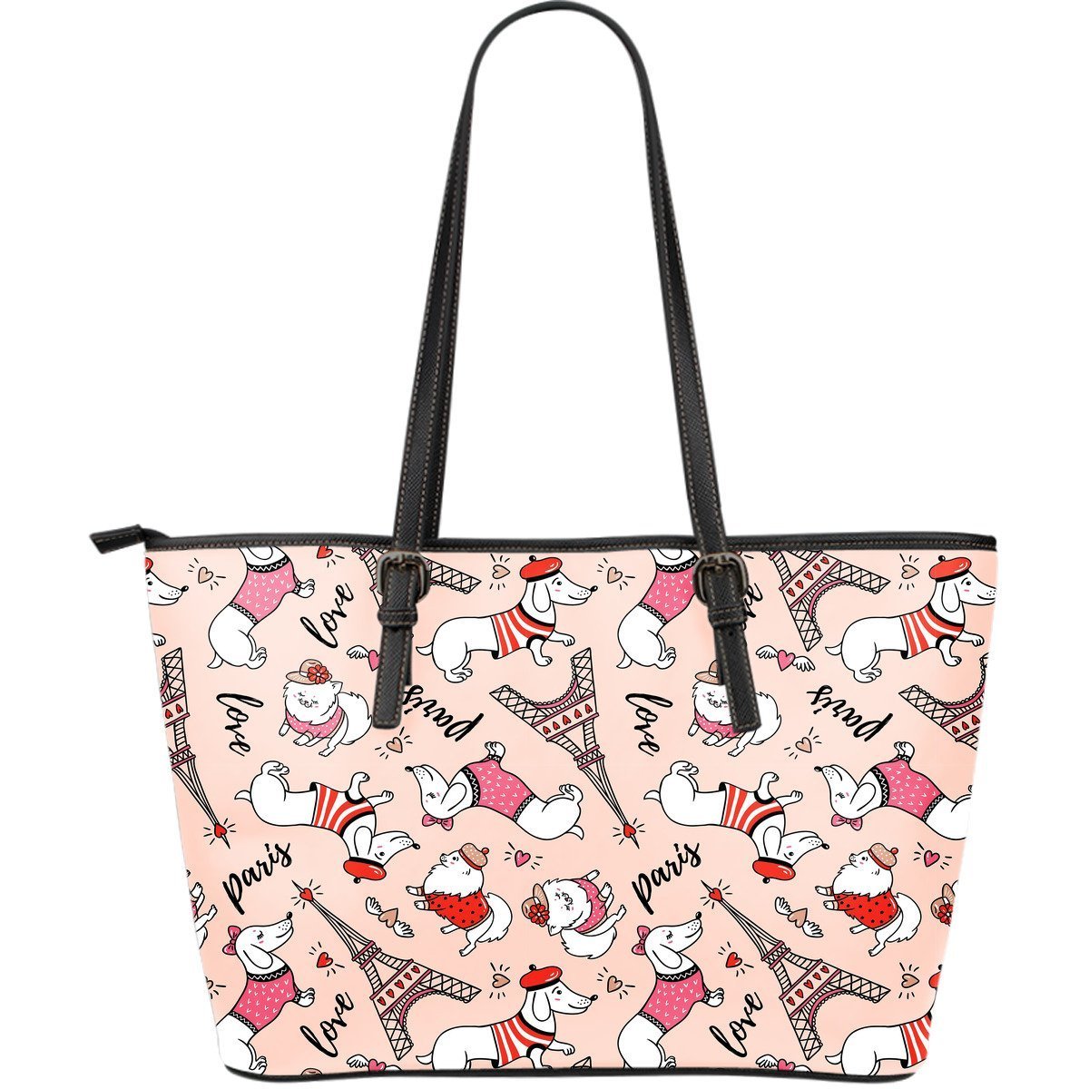 Paris Dog Pattern Print Leather Tote Bag-grizzshop