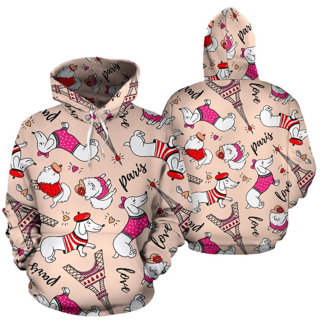 Paris Dog Pattern Print Men Women Pullover Hoodie-grizzshop