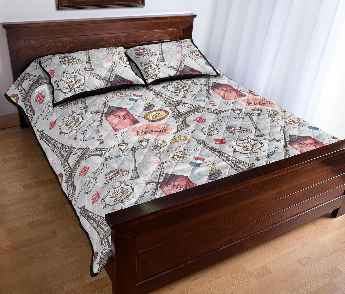 Paris France Pattern Print Bed Set Quilt-grizzshop