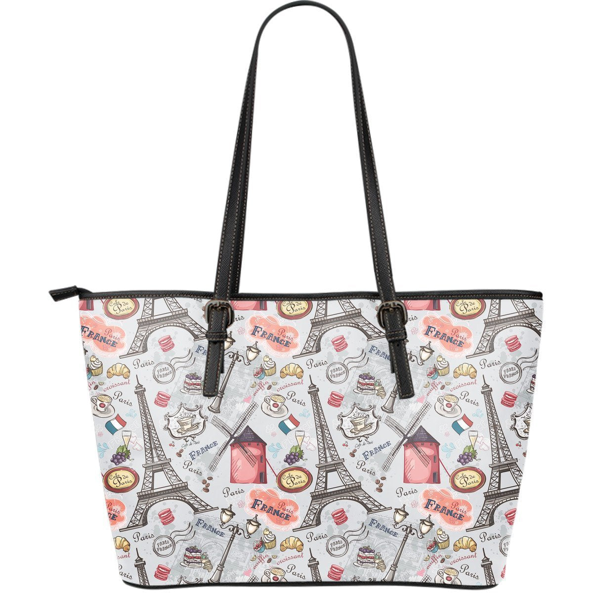 Paris France Pattern Print Leather Tote Bag-grizzshop
