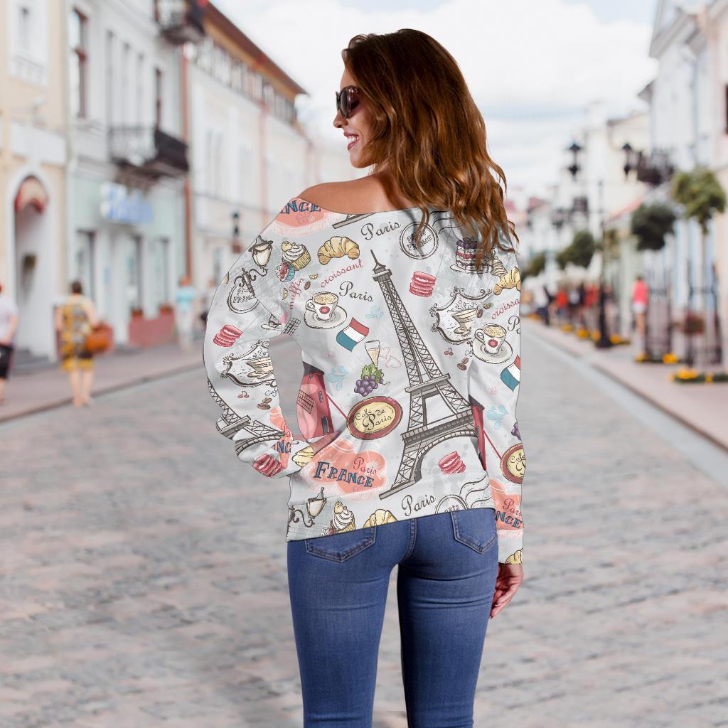 Paris France Pattern Print Women Off Shoulder Sweatshirt-grizzshop