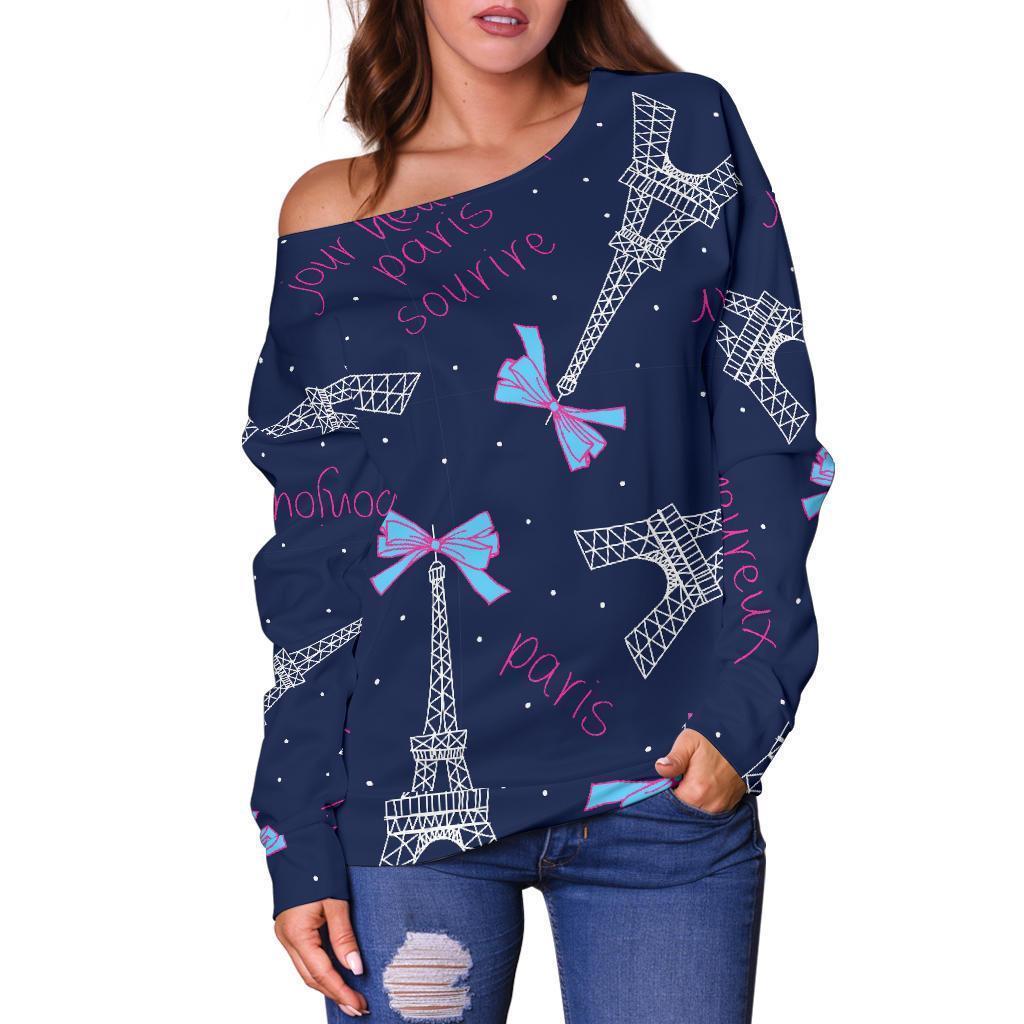 Paris Print Pattern Women Off Shoulder Sweatshirt-grizzshop
