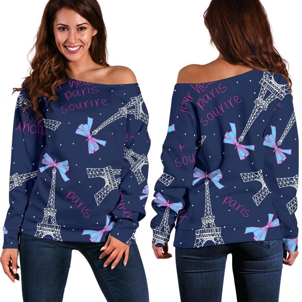 Paris Print Pattern Women Off Shoulder Sweatshirt-grizzshop