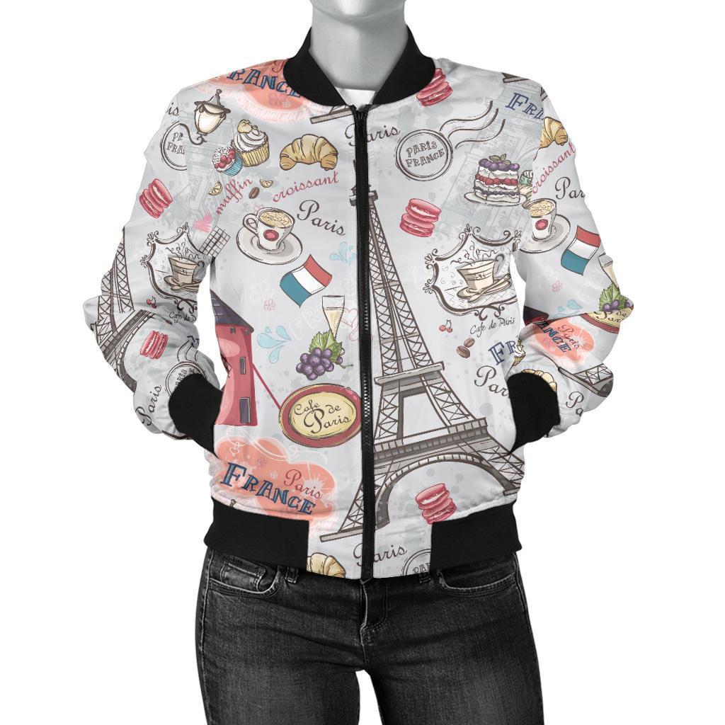 Paris France Pattern Print Women Casual Bomber Jacket-grizzshop