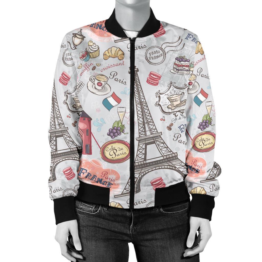 Paris France Pattern Print Women Casual Bomber Jacket-grizzshop
