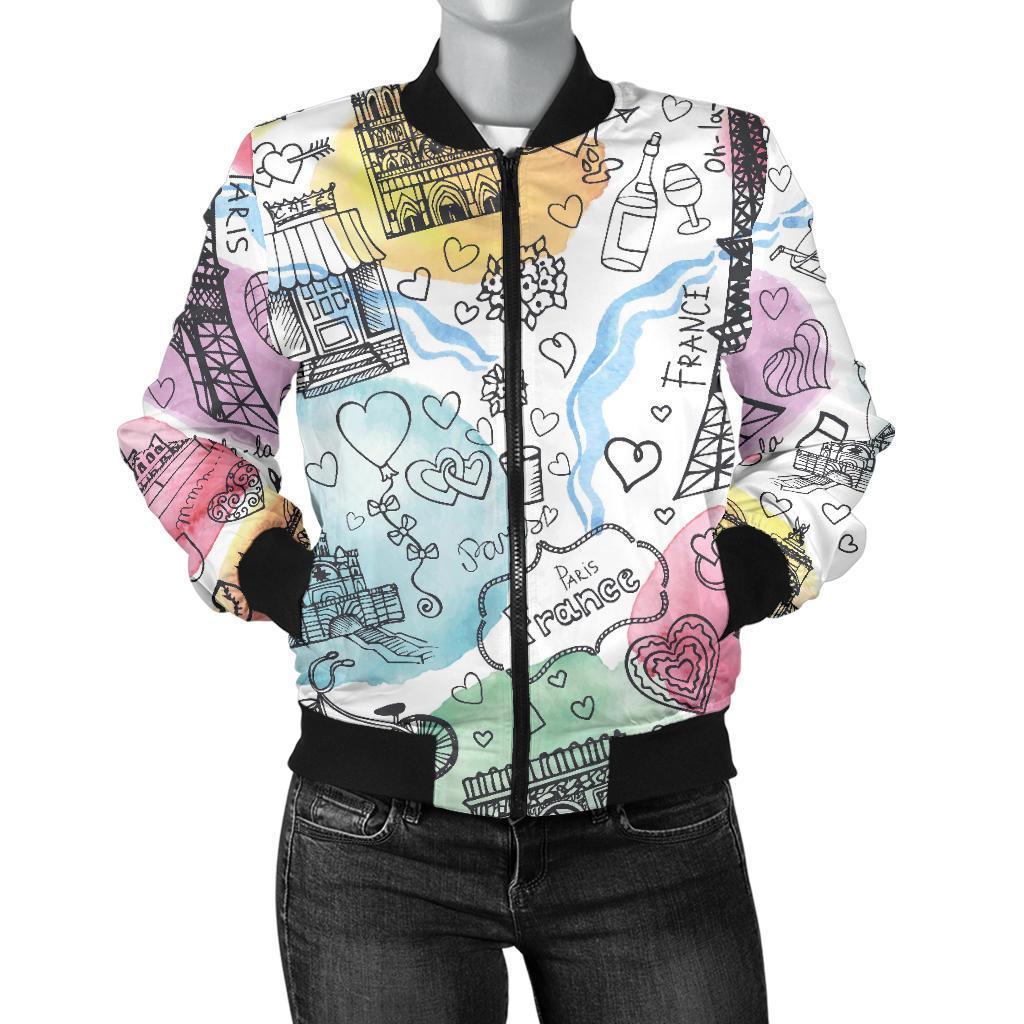 Paris France Print Pattern Women Casual Bomber Jacket-grizzshop