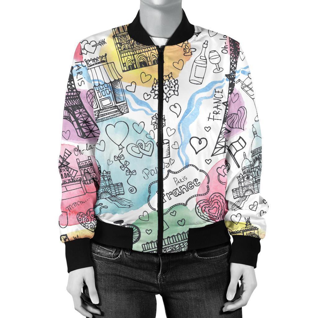 Paris France Print Pattern Women Casual Bomber Jacket-grizzshop