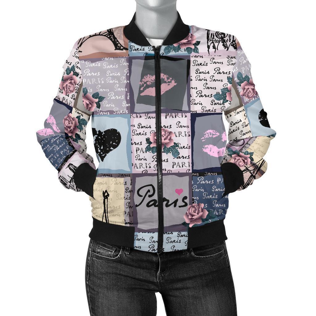 Paris Pattern Print Women Casual Bomber Jacket-grizzshop