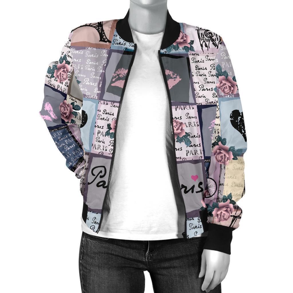 Paris Pattern Print Women Casual Bomber Jacket-grizzshop