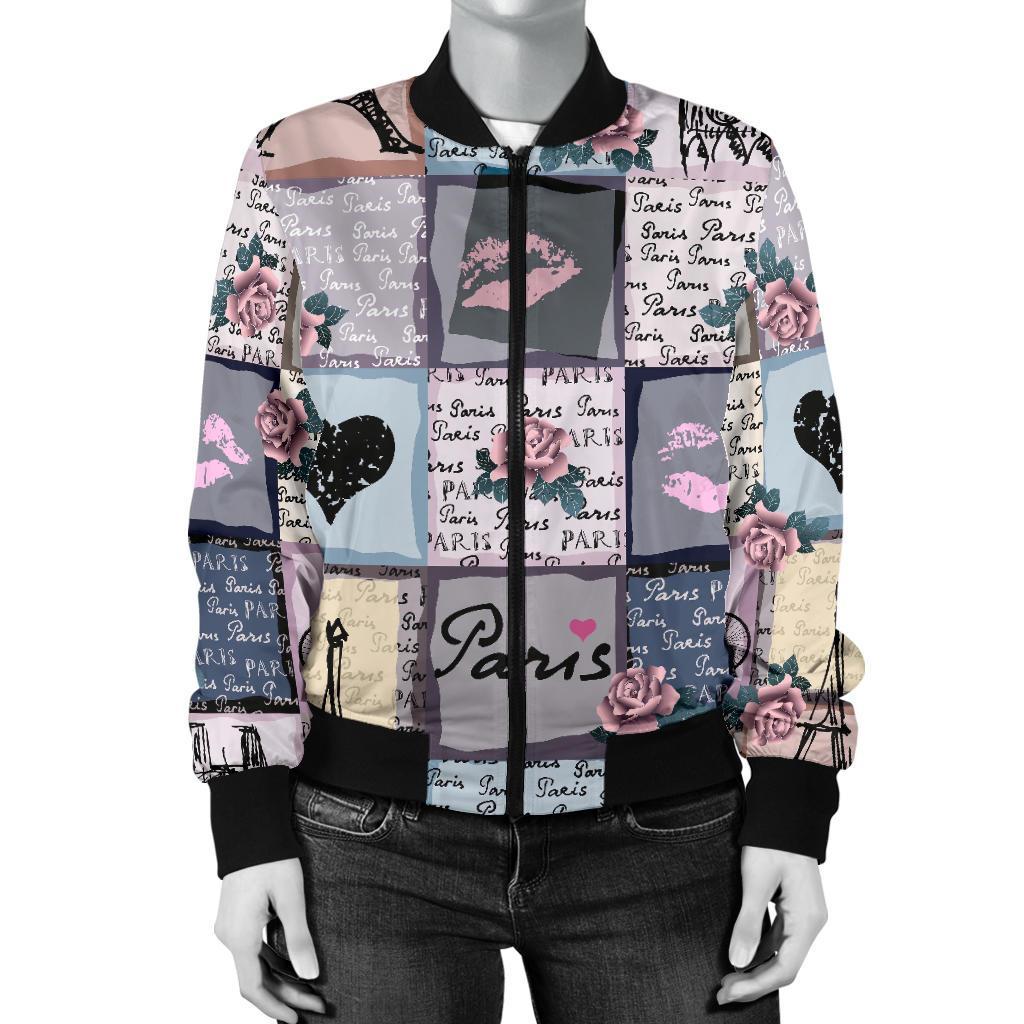 Paris Pattern Print Women Casual Bomber Jacket-grizzshop