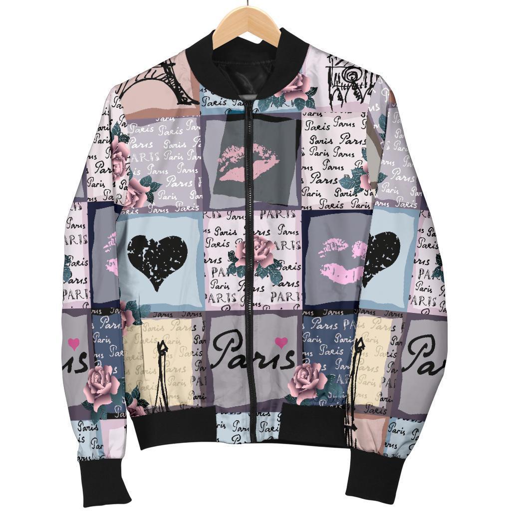 Paris Pattern Print Women Casual Bomber Jacket-grizzshop