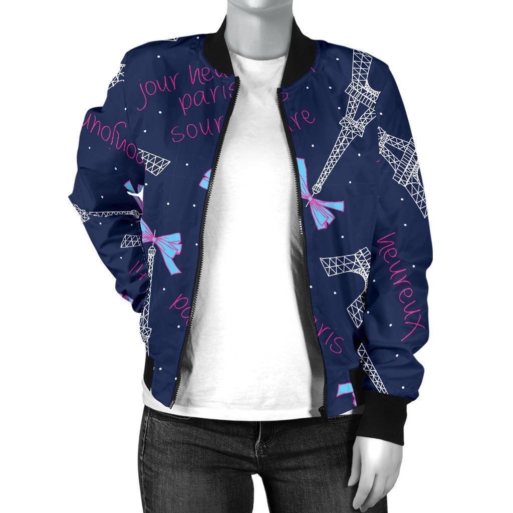 Paris Print Pattern Women Casual Bomber Jacket-grizzshop