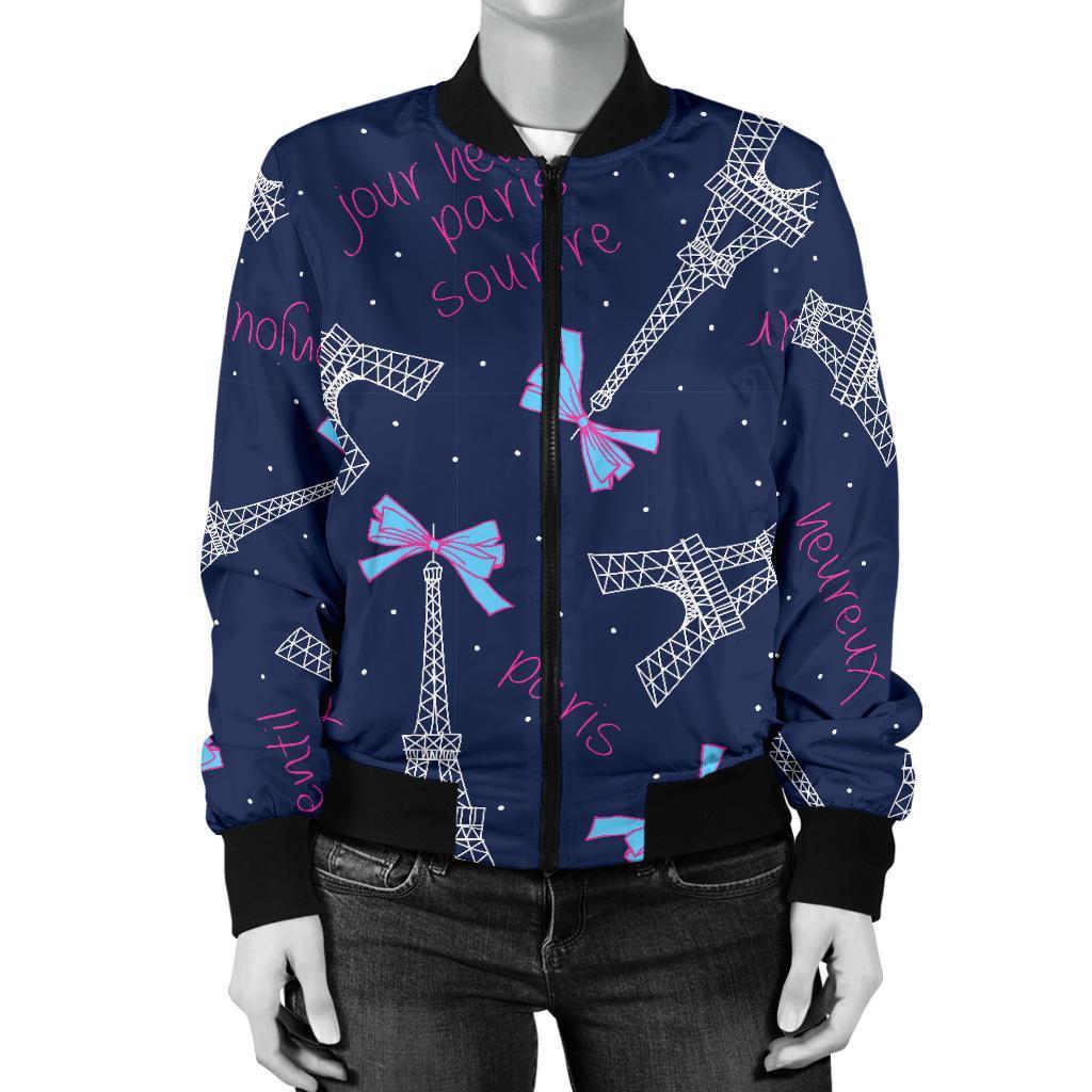 Paris Print Pattern Women Casual Bomber Jacket-grizzshop