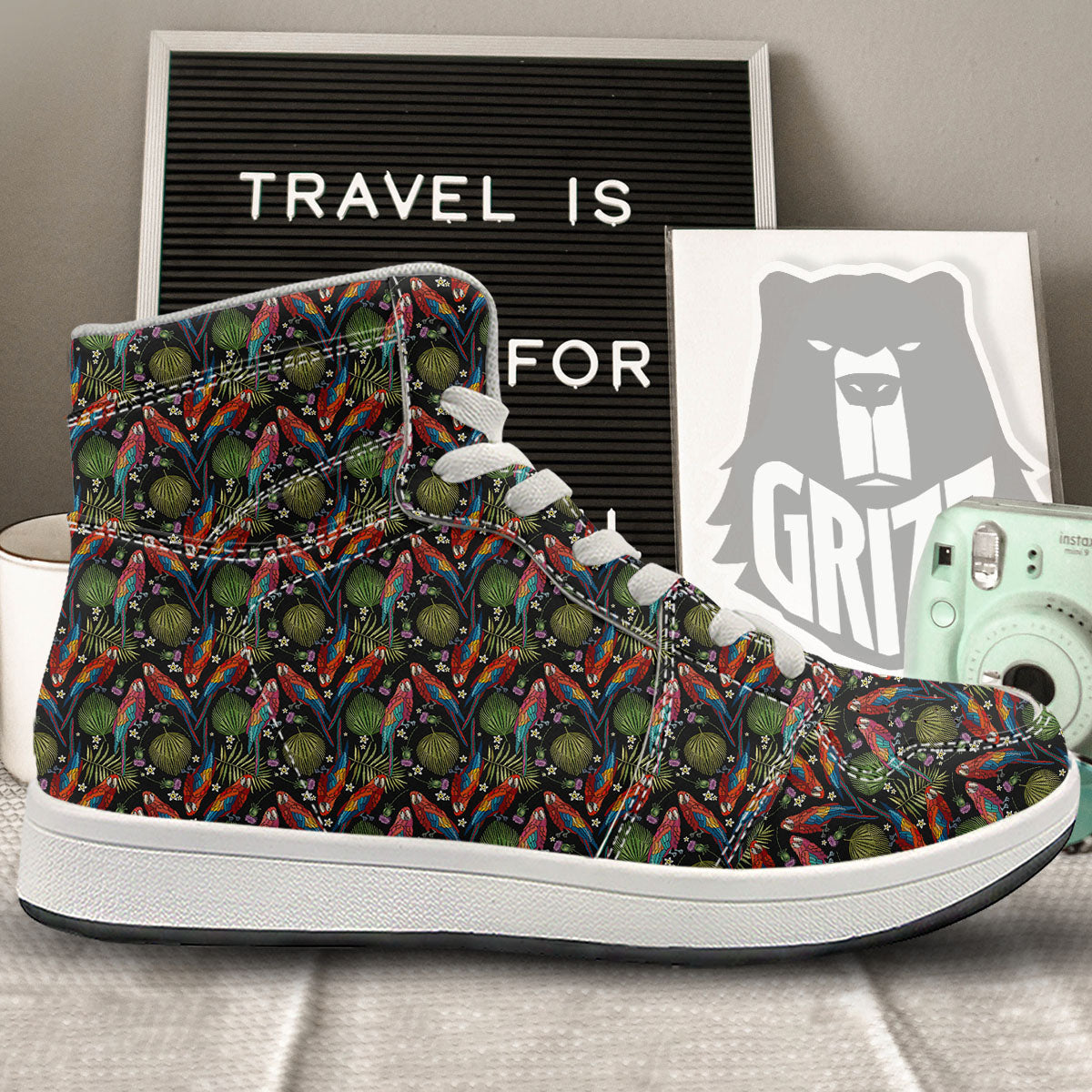Parrot Embroidery Print Pattern High Top Sneakers-grizzshop