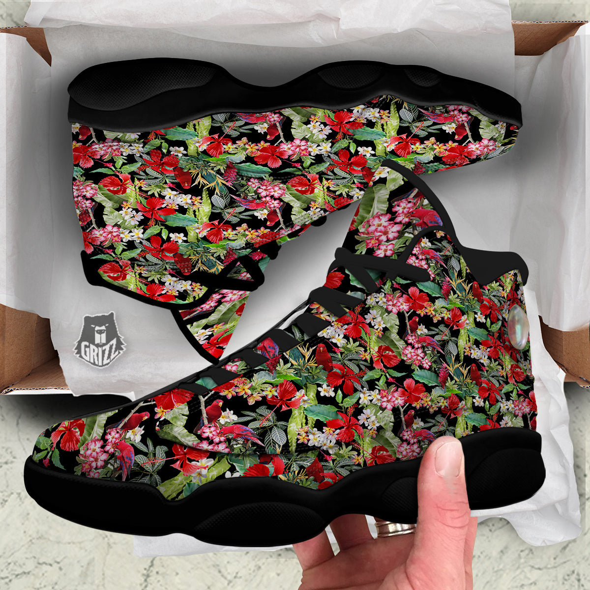Parrot Hawaiian Tropical Print Pattern Black Basketball Shoes-grizzshop