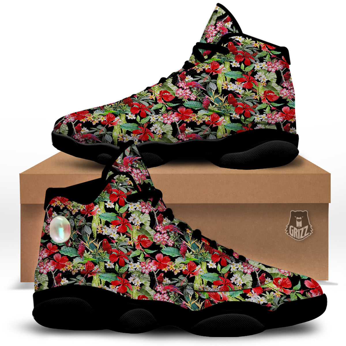 Parrot Hawaiian Tropical Print Pattern Black Basketball Shoes-grizzshop