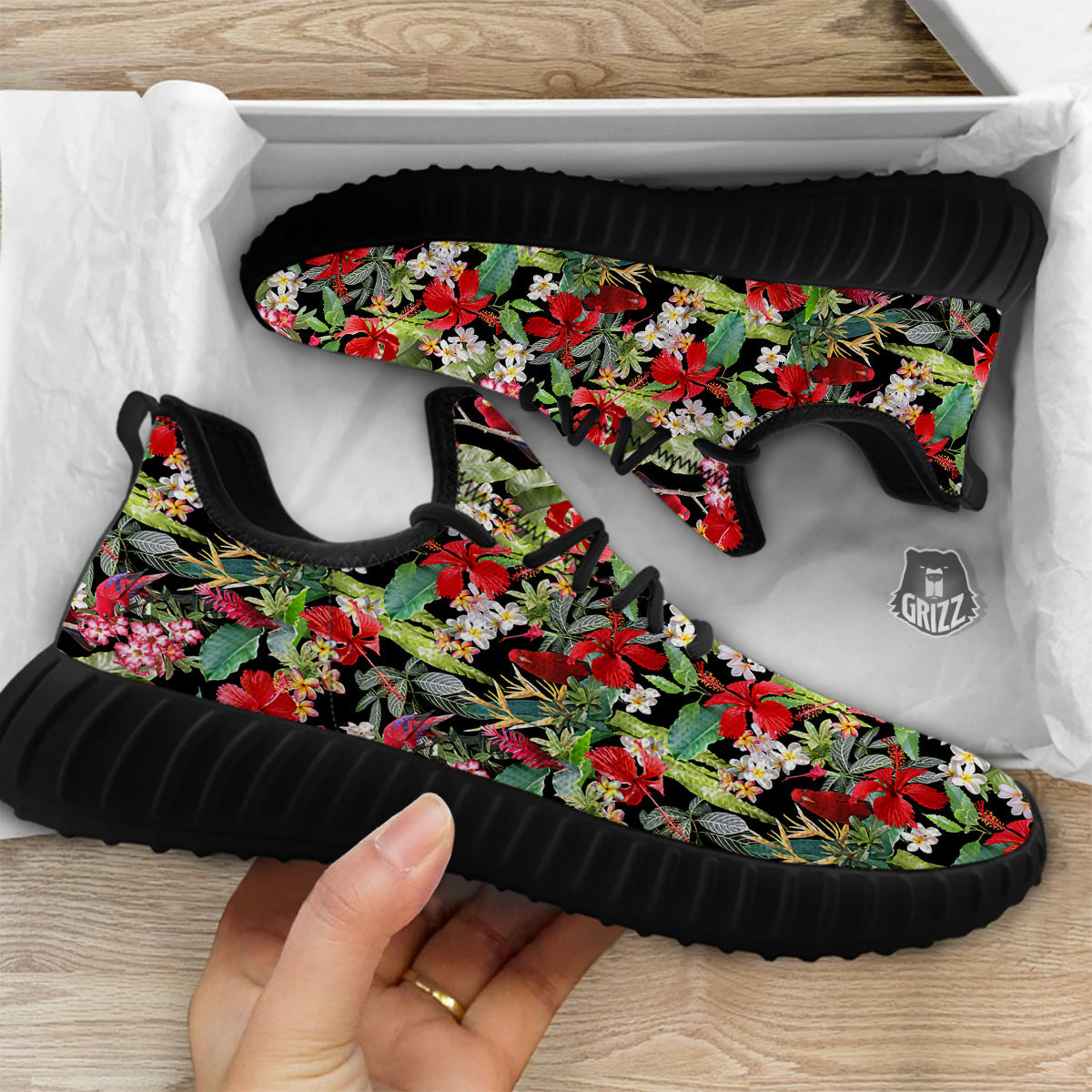 Parrot Hawaiian Tropical Print Pattern Black Walking Shoes-grizzshop