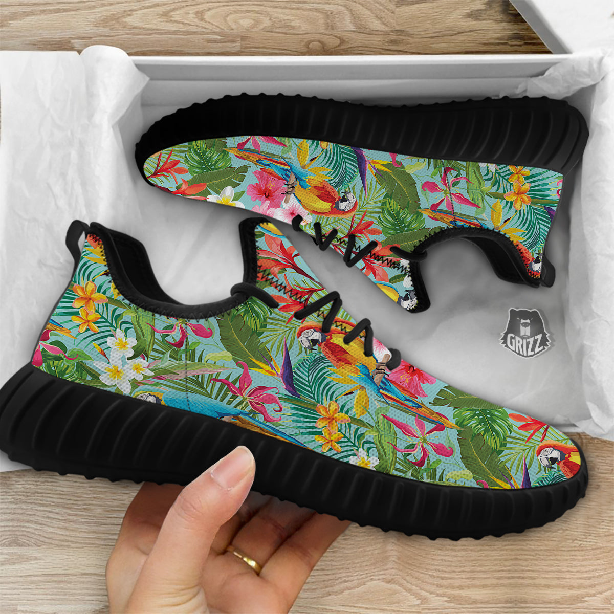 Parrot Tropical Print Pattern Black Walking Shoes-grizzshop