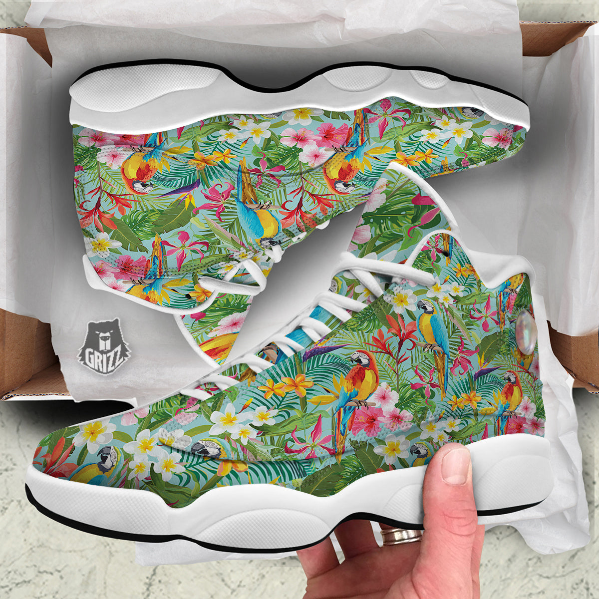 Parrot Tropical Print Pattern White Basketball Shoes-grizzshop