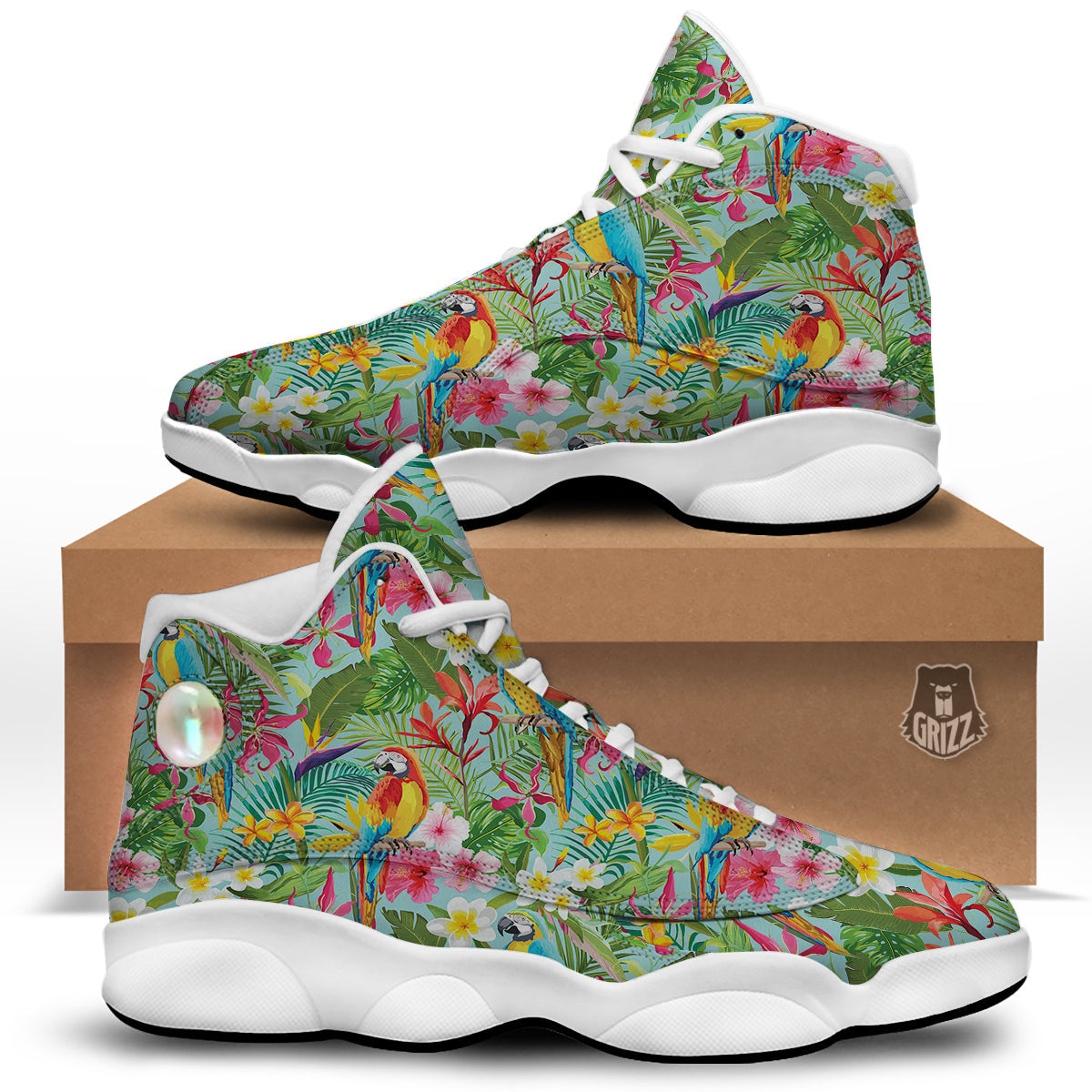 Parrot Tropical Print Pattern White Basketball Shoes-grizzshop