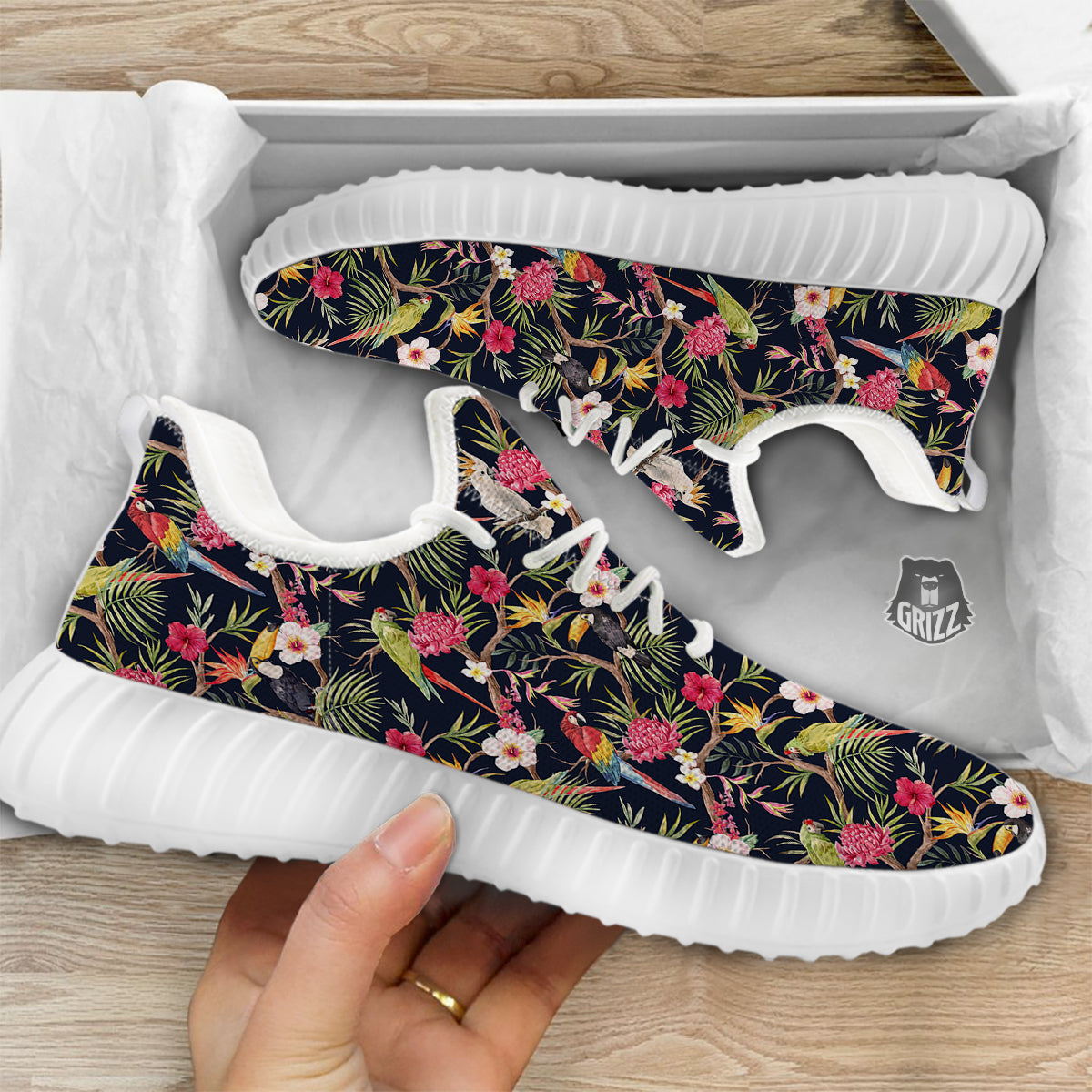 Parrot Watercolor Print Pattern White Walking Shoes-grizzshop