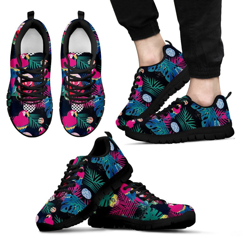 Parrot Bird Floral Pattern Print Black Sneaker Shoes For Men Women-grizzshop