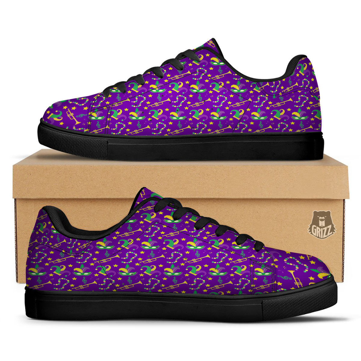 Party Mardi Gras Print Pattern Black Low Top Sneakers-grizzshop