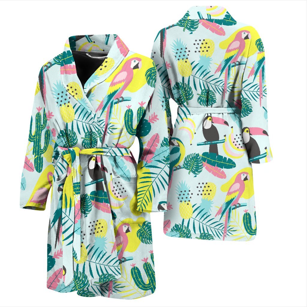 Pastal Parrot Bird Floral Pattern Print Men Long Robe-grizzshop
